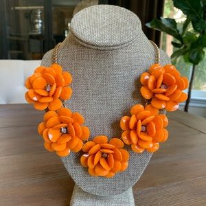 Chunky Orange Floral Rhinestone Bib Statement Necklace with Gold Tone Chain